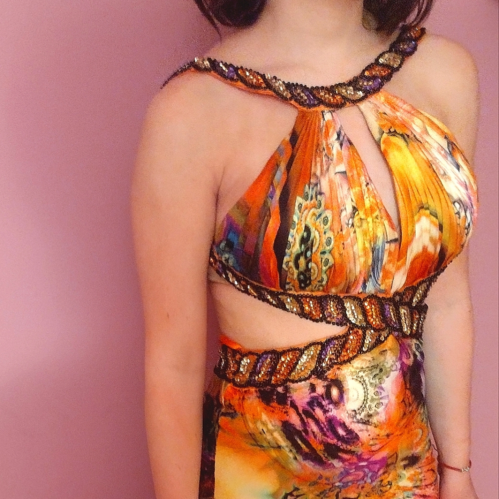 Embellished 0 Maxi Beads Sequin Halter Open Back Dress Long Gown Satin Tie Dye